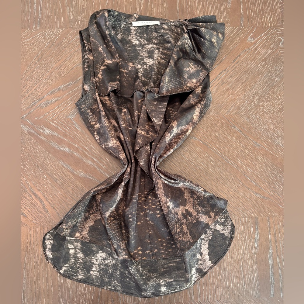 T Tahari Gray and Silver Sleeveless Ruffled Blouse